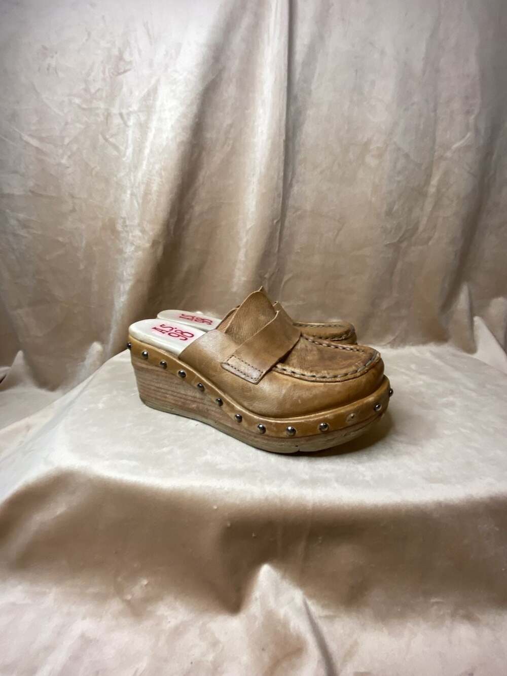 A.S.98 Leather Studded Wedge Platform Clog Mules